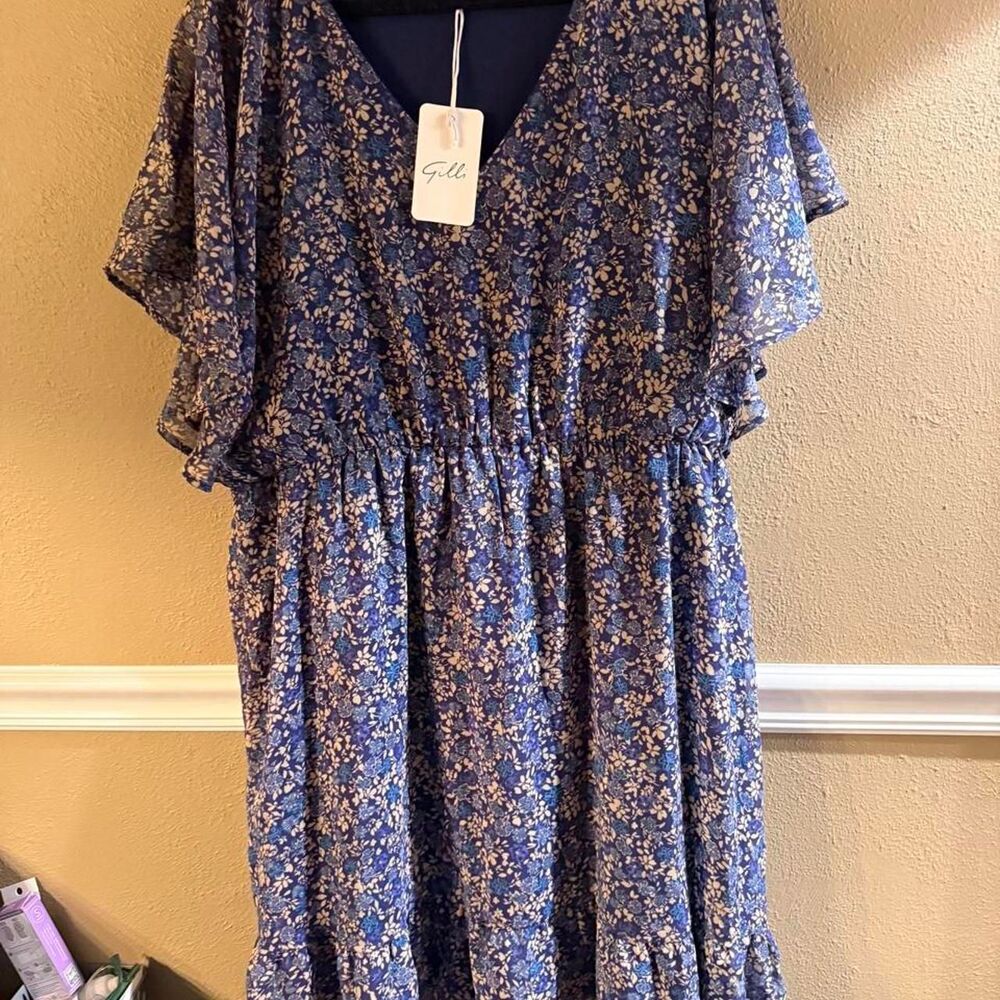 Gilli Women's blue floral mini dress with tie waist, Size 3X